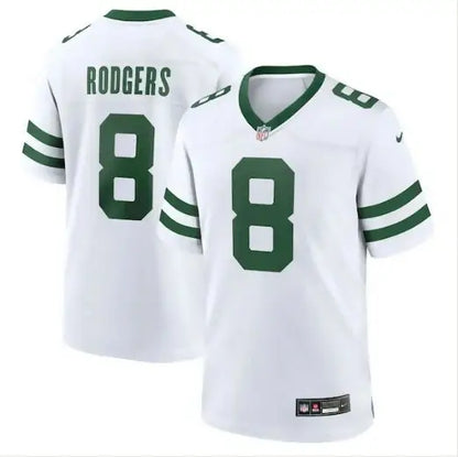 White and green Aaron Rodgers Jets Nike game jersey displayed in Legacy White style