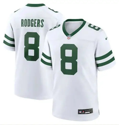 White football jersey with green trim and number 8 for Aaron Rodgers Jets Nike Game Jersey