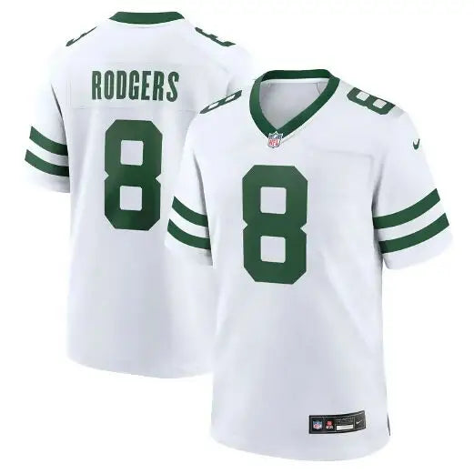 White New York Jets Aaron Rodgers Nike Game Jersey with green accents and number 8