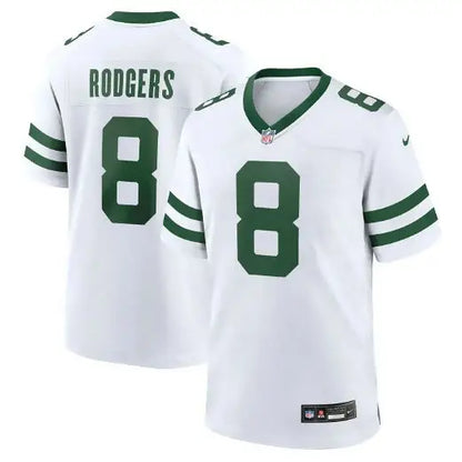 White New York Jets Aaron Rodgers Nike Game Jersey with green accents and number 8