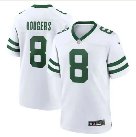 White and green Aaron Rodgers New York Jets Nike Legacy Player Game Jersey
