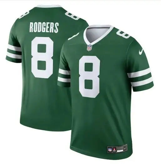 Green York Jets Nike Legend jersey with white number 8 and stripes for fans