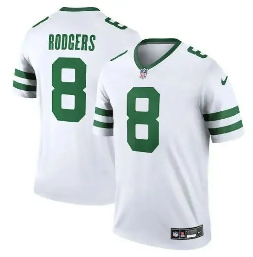 White Jets Nike mens Aaron Rodgers jersey with green trim and number 8