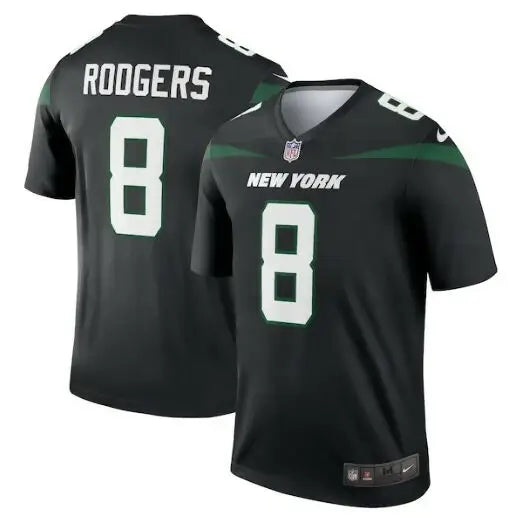 Black Aaron Rodgers Jets Nike Alternate Legend Player Jersey displayed in Stealth Black