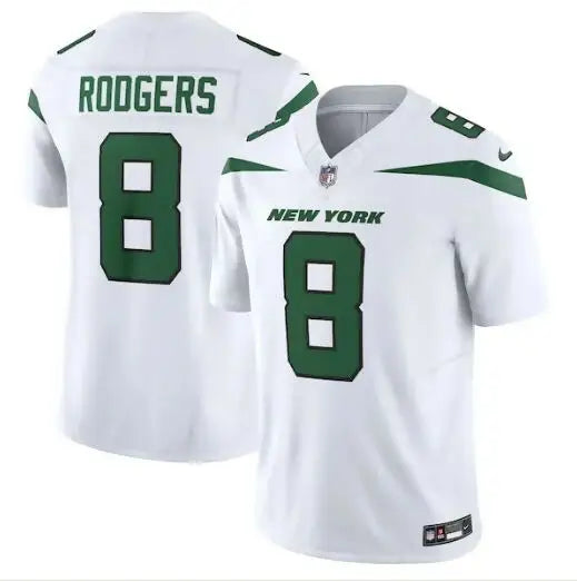 White New York Jets Nike Vapor Aaron Rodgers NFL jersey displayed in Spotlight White