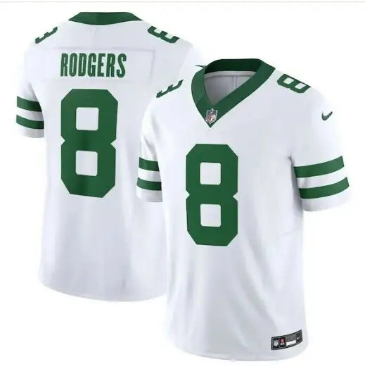 White football jersey with green trim and number 8 for Aaron Rodgers York Jets Nike Vapor F.U.S.E