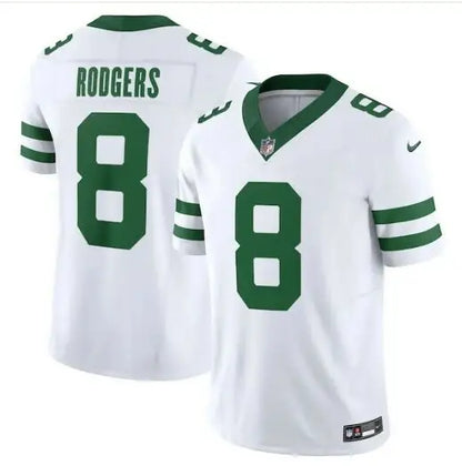 White football jersey with green trim and number 8 for Aaron Rodgers York Jets Nike Vapor F.U.S.E