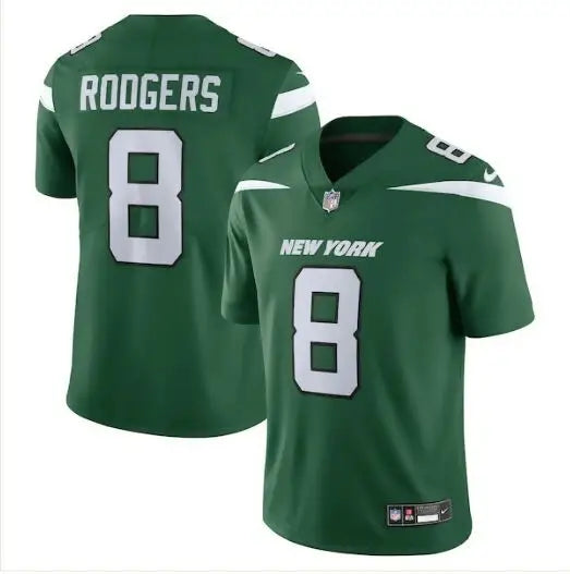 Green New York Jets Nike Vapor Untouchable jerseys with Aaron Rodgers and Jets Nike Vapor branding