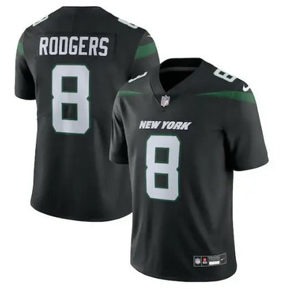 Black Jets Nike Vapor Untouchable Aaron Rodgers jersey with number 8 and Rodgers on the back