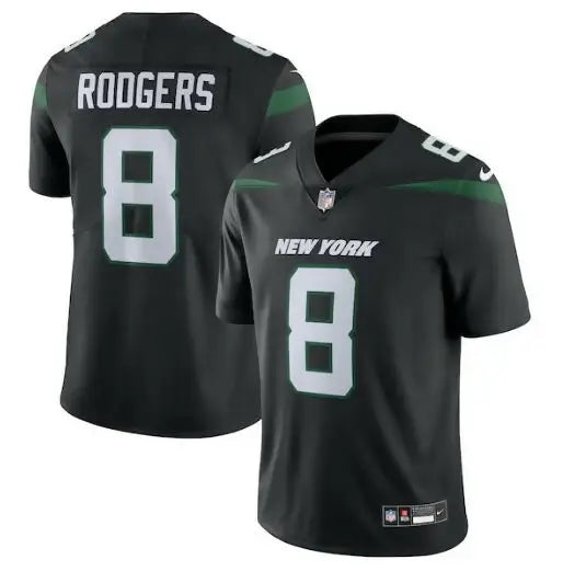 Black Jets Nike Vapor Untouchable Aaron Rodgers jersey with number 8 and Rodgers on the back