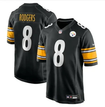 Black and yellow Pittsburgh Steelers Aaron Rodgers #8 Nike Game Jersey displayed in product image