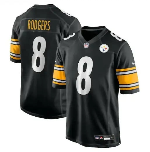 Black and yellow Pittsburgh Steelers Aaron Rodgers #8 Nike Game Jersey displayed in product image