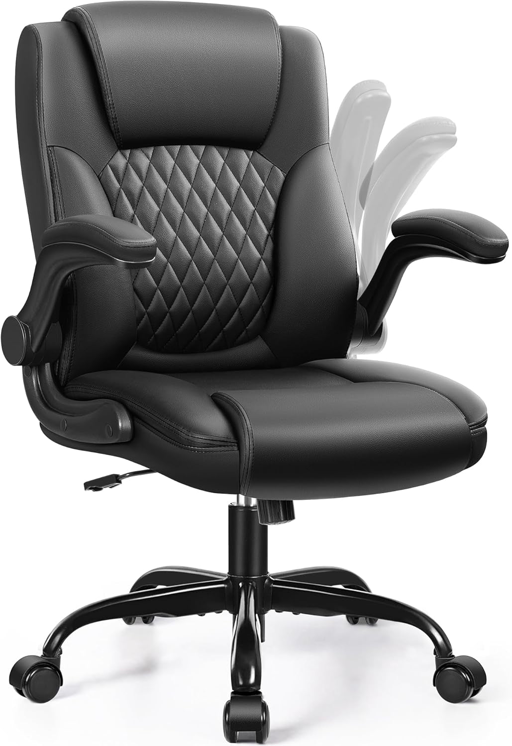 Leather Office Chair, PU Home Computer Desk Chairs with Ergonomic Back Support, 360°Swivel Free，Small Gmaing Chair with Wheels and Adjustable Armrests, for Short People Use, Black-0