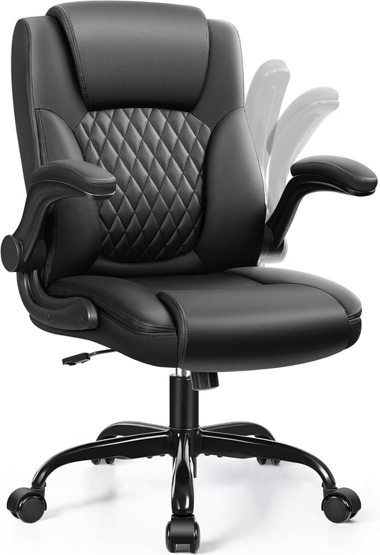 Leather Office Chair, PU Home Computer Desk Chairs with Ergonomic Back Support, 360°Swivel Free，Small Gmaing Chair with Wheels and Adjustable Armrests, for Short People Use, Black-0