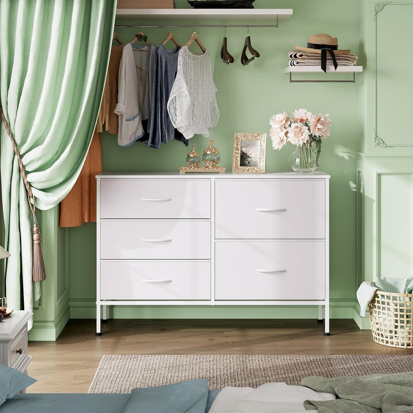 Dresser for Bedroom with 5 Drawers, Wide Bedroom Dresser with Drawer Organizers, Chest of Drawers, Fabric Dresser for Living Room, Closet, Hallway, White-3