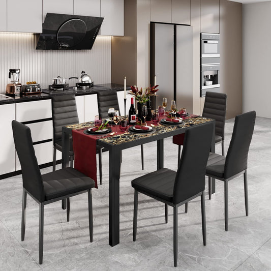 7-Piece Glass Dining Table Set for 6, PU Leather Chairs-0