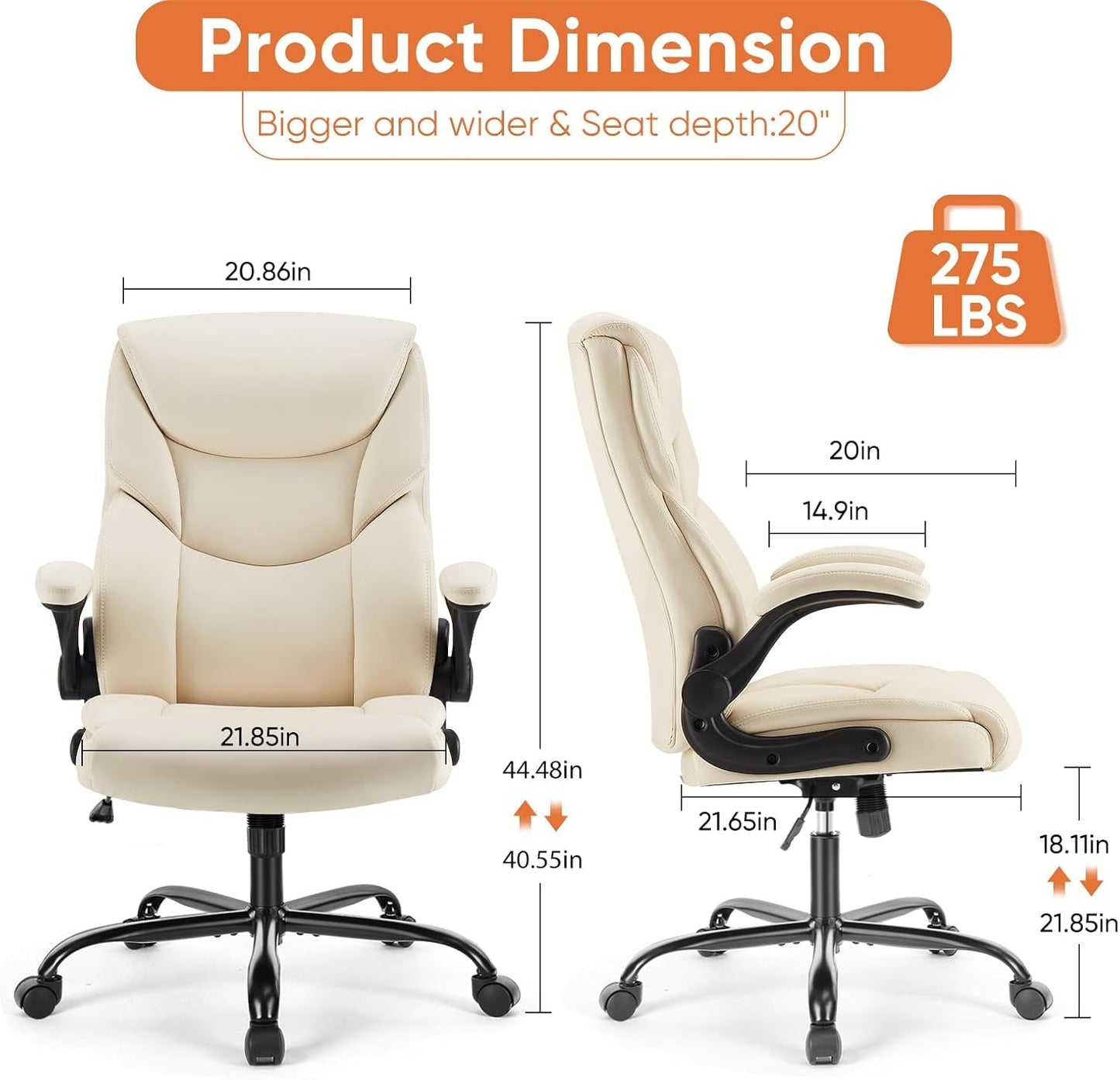 Computer Gaming Chair, Ergonomic Office Chair High Back Heavy Duty Task Desk Chair with Flip-Up Arms, PU Leather, Adjustable Swivel Rolling Chair with Wheels, Cream-2