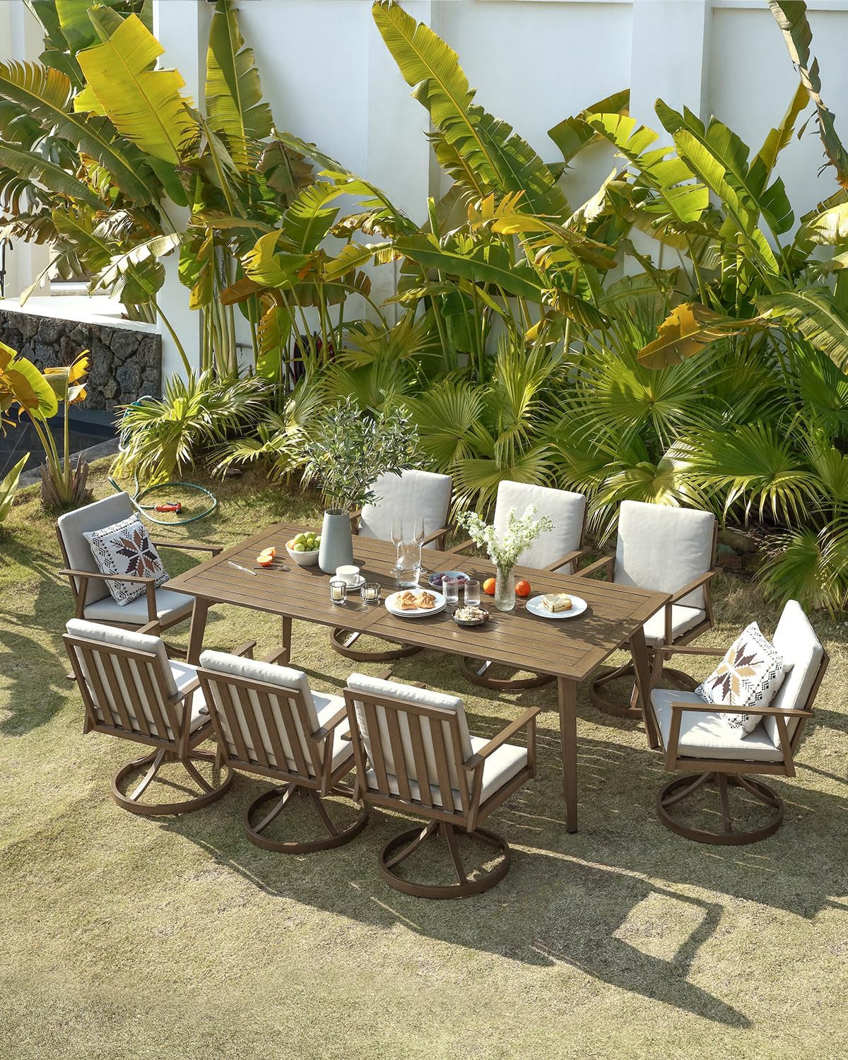 Nine Piece Outdoor Patio Dining Set with Swivel Chairs-1