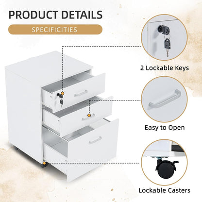 3 Drawer Mobile File Cabinet, Rolling Vertical Filing Cabinet Fits A4, Legal Paper and Letter Paper for Home Office, White with Lock-4