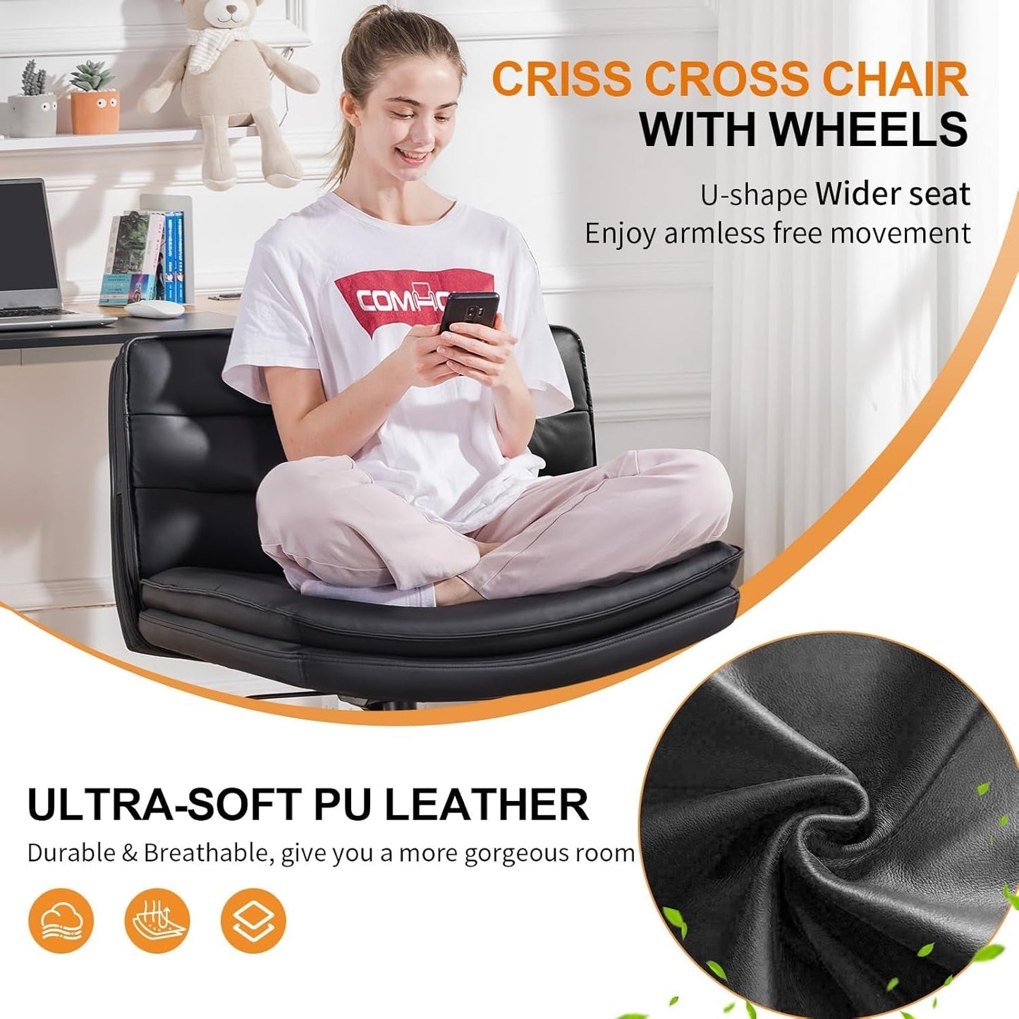 Criss Cross Chair with Wheels, Armless Wide Cross Legged Office Chair Mid Back, Modern Home Office Desk Chair Swivel Adjustable Vanity Computer Chair, Black-2