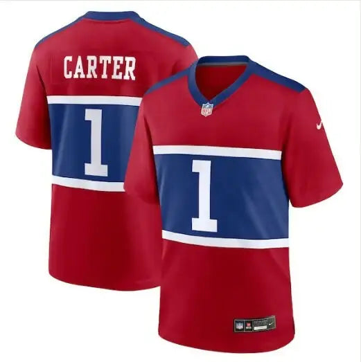 Red and blue Abdul Carter York Giants Nike jersey with number 1 alternate game jersey