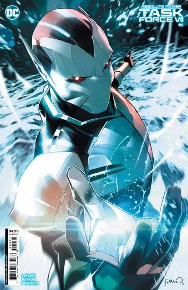 Futuristic armored figure with blue accents for Absolute Power Task Force Vii trading cards