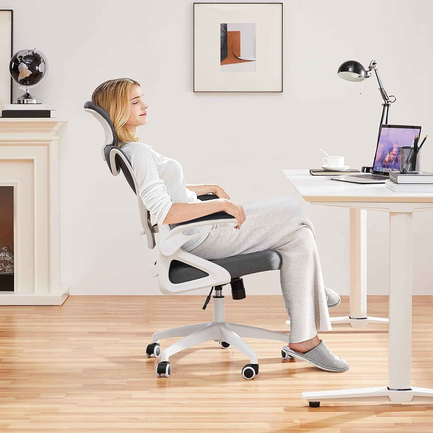 Ergonomic Mesh Office Chair, High Back Desk Chair with with Flip-Up Armrests, Adjustable Padded Headrest Computer Chair with Lumbar Support for Home Oiffce Game Room, White/Gray-1