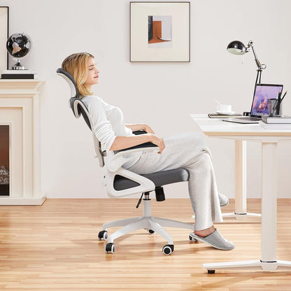Ergonomic Mesh Office Chair, High Back Desk Chair with with Flip-Up Armrests, Adjustable Padded Headrest Computer Chair with Lumbar Support for Home Oiffce Game Room, White/Gray-1