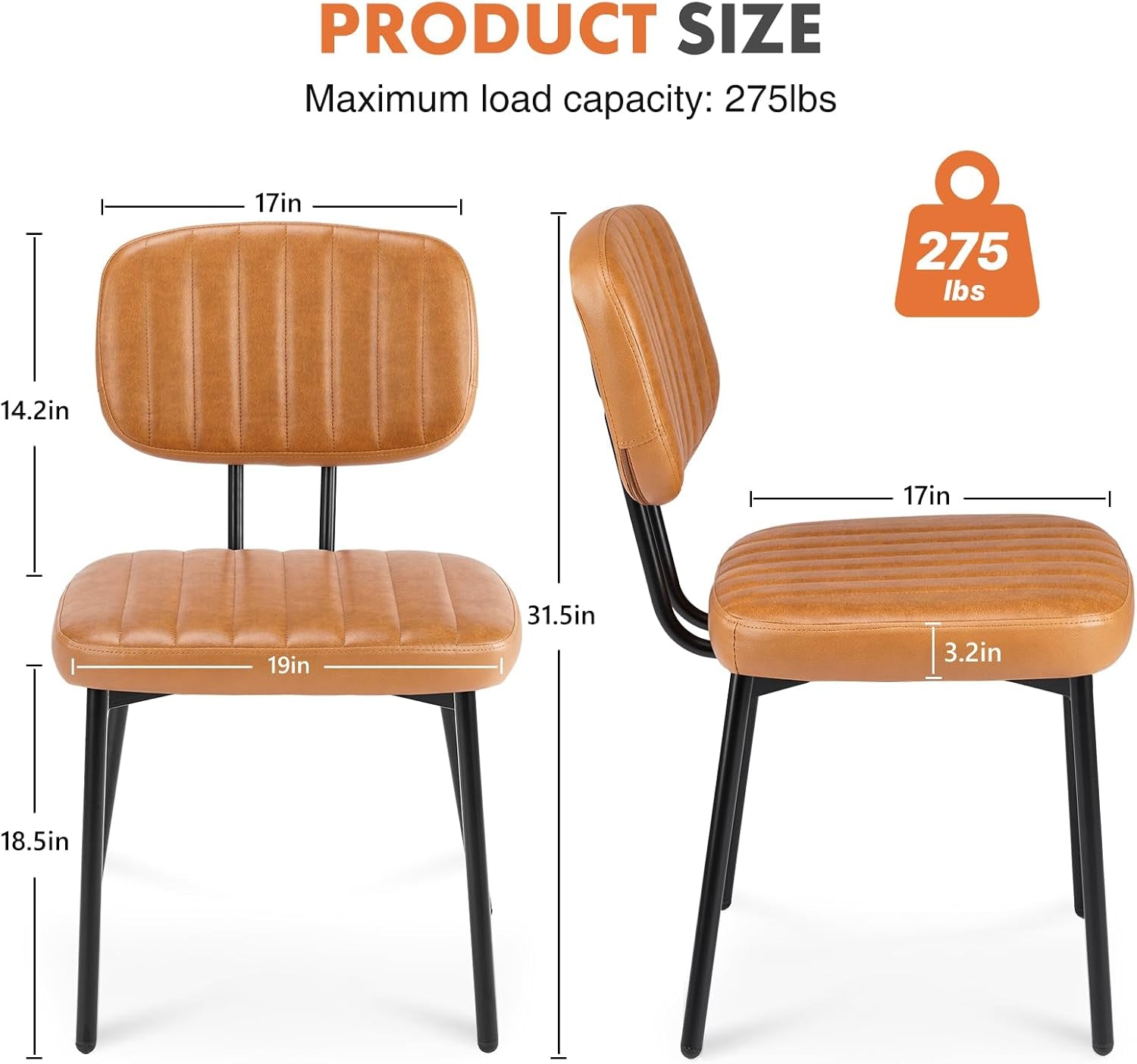 Dining Chairs Set of 4, Upholstered Mid Century Modern Kitchen Dining Room Accent Chairs with Faux Leather Cushion Seat & Metal Legs for Kitchen, Living Room - Brown-2