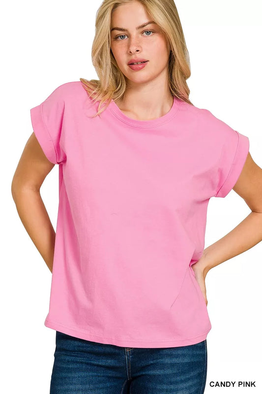 Zenana Round Neck Folded Short Sleeve T-Shirt