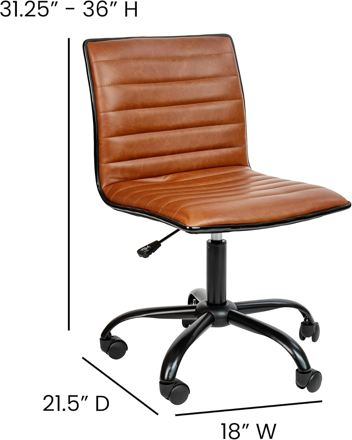 Alan Low-Back Ribbed Upholstered Vinyl Swivel Desk Chair with Padded Seat, Modern Adjustable Height Padded Office Chair, Brown-2