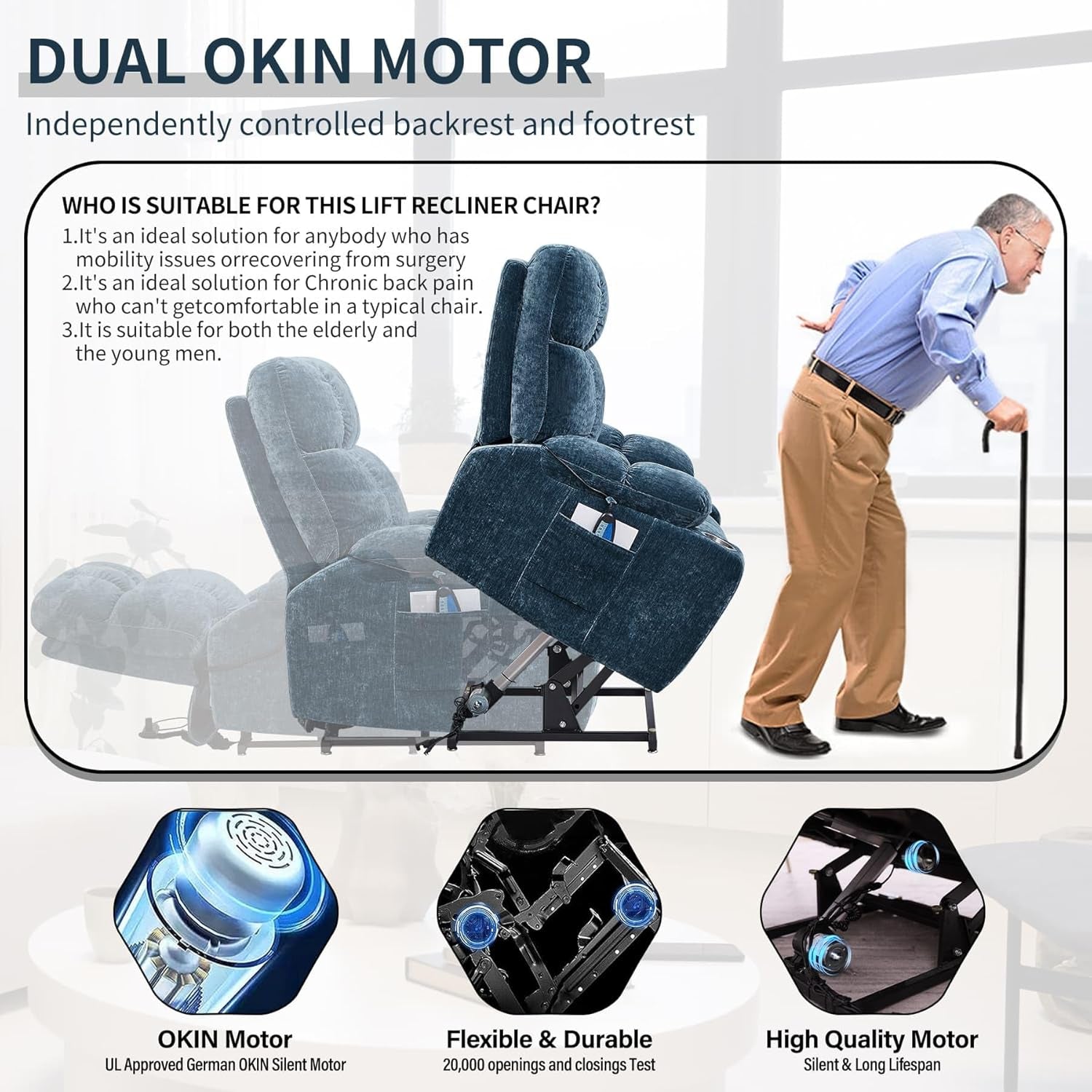 Lay Flat Sleeping Lift Recliner Chair with Heat Vabriation Massage for Elderly,Infinite Position Soft Fabric Power Electric Recliner Sofa Chair with Dual OKIN Motor for Living Room Blue Fabric-4