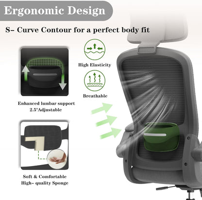Ergonomic Mesh Office Chair, High Back Computer Desk Chair with Adjustable Lumbar Support & Headrest, Swivel Task Chair with Flip-Up Armrests for Home & Office (English, Dark Grey)-4