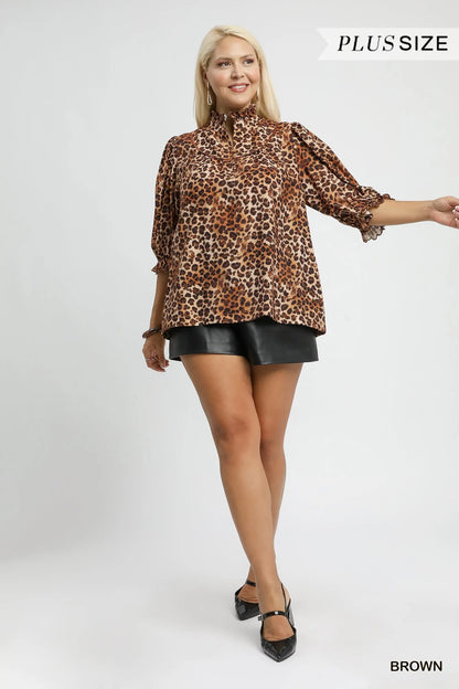 Umgee Full Size Leopard Print Ruffle Neck Blouse Plus Size