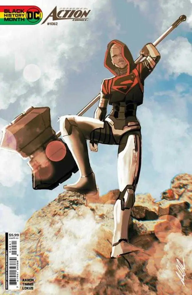 Heroic figure in red and black outfit on rocky terrain, perfect for Action Comics trading cards