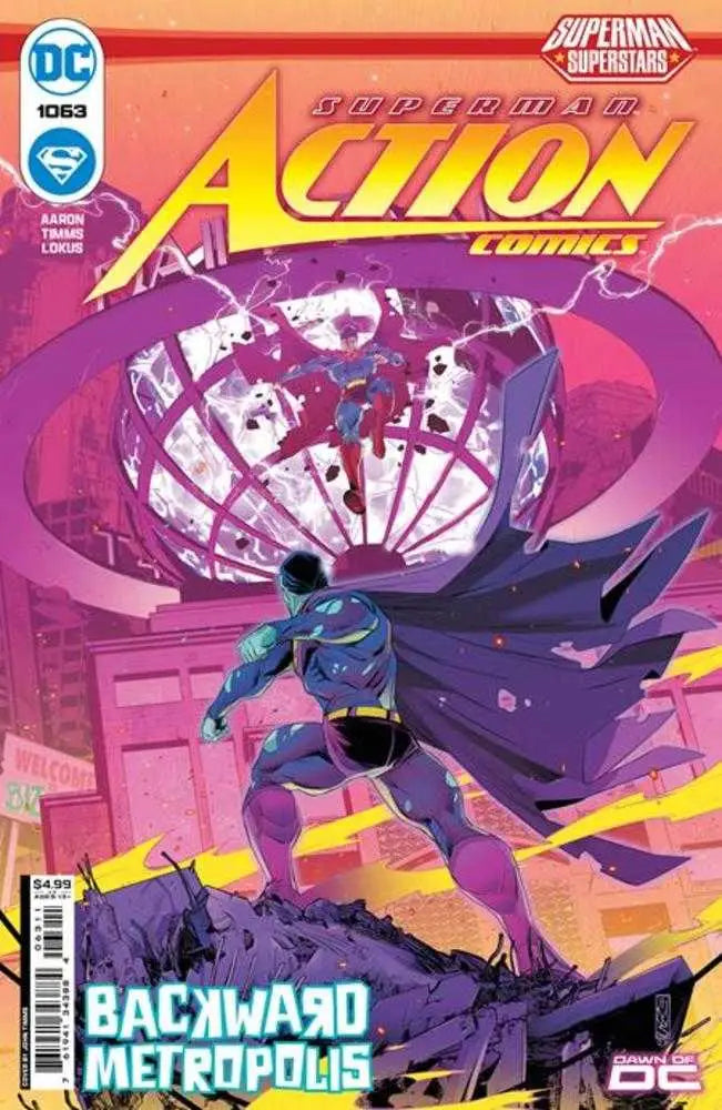 DC Action Comics #1063 cover art featuring caped hero against magenta cityscape backdrop