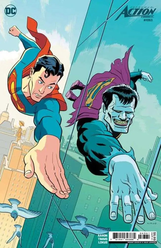 Action Comics #1063 cover artwork features Superman and Bizarro, ideal for trading cards