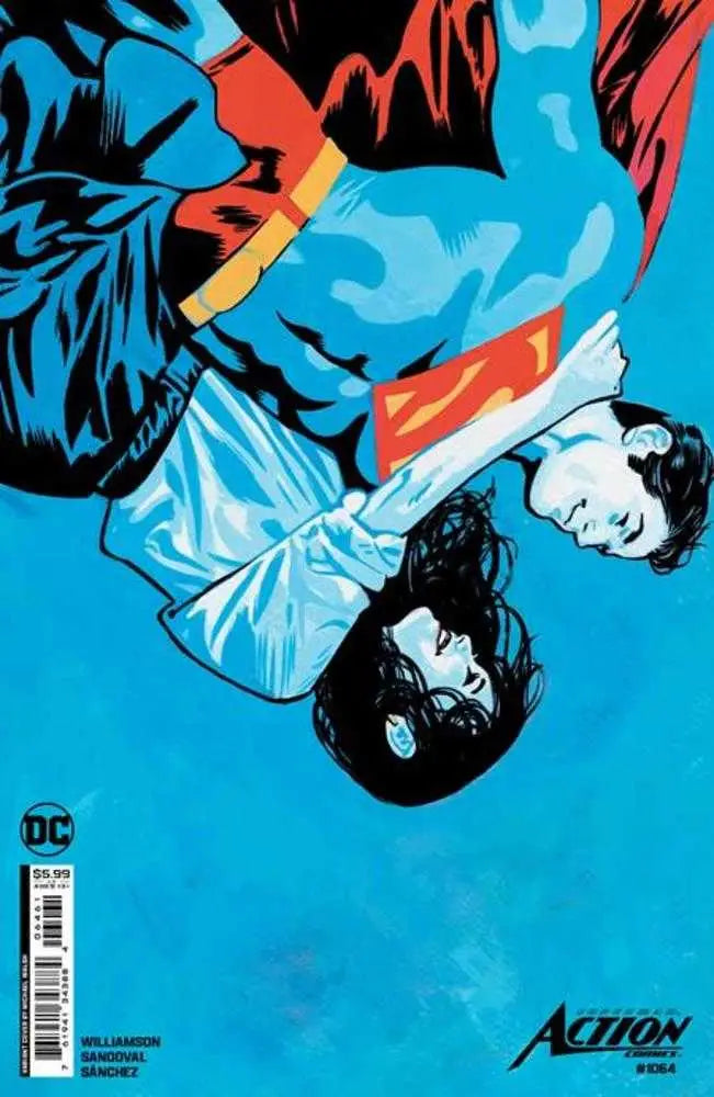 Action Comics #1064 variant cover featuring upside-down hero in blue and red costume