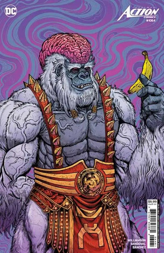 Muscular gorilla in red and gold armor holds yellow bird on Action Comics #1064 variant trading card