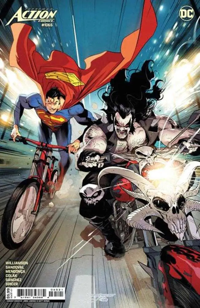 Comic book cover of Action Comics #1065 with Superman and Lobo racing vehicles