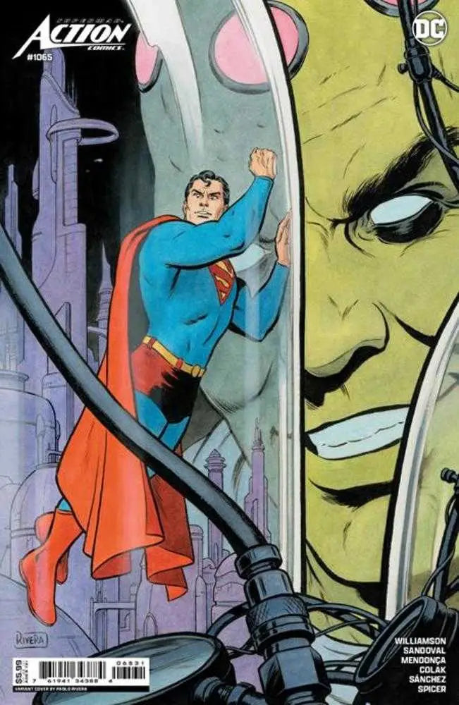 Action Comics #1065 cover features superhero flying by sinister face, perfect for trading cards