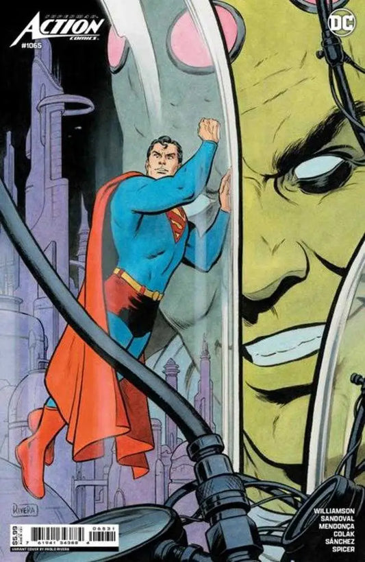 Action Comics #1065 cover features superhero flying by sinister face, perfect for trading cards