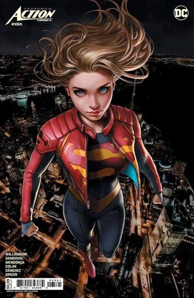 Supergirl in red and blue costume flying over cityscape on Action Comics trading card