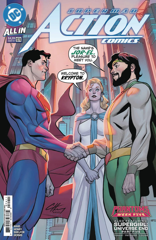 Comic book cover of ACTION COMICS #1074 featuring heroes shaking hands, woman surprised