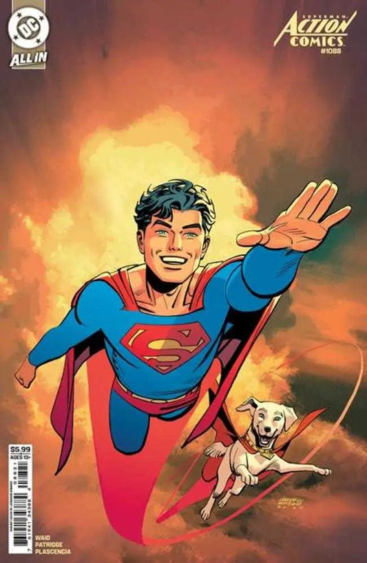 Superman and Krypto flying on Action Comics #1088 Cover B Leonardo Romero Card Stock Variant