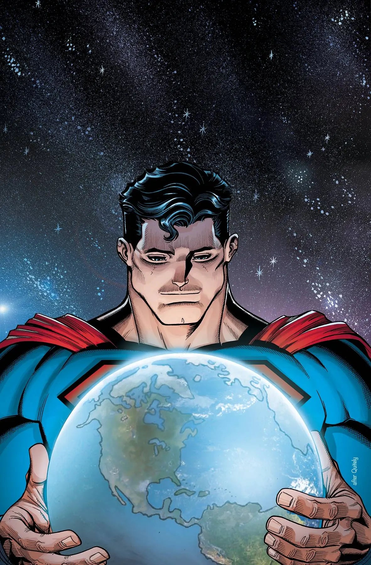 Superhero in blue suit and red cape holding Earth on ACTION COMICS #989 Lenticular Ed trading cards