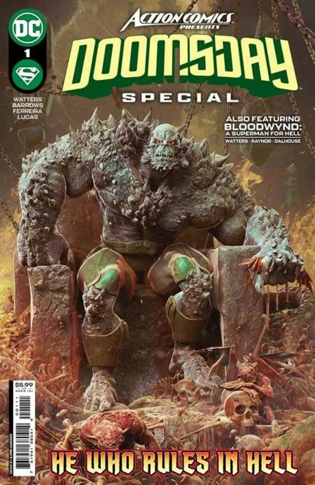 A monstrous stone creature with glowing green eyes on Action Comics Presents Doomsday Special #1 cover