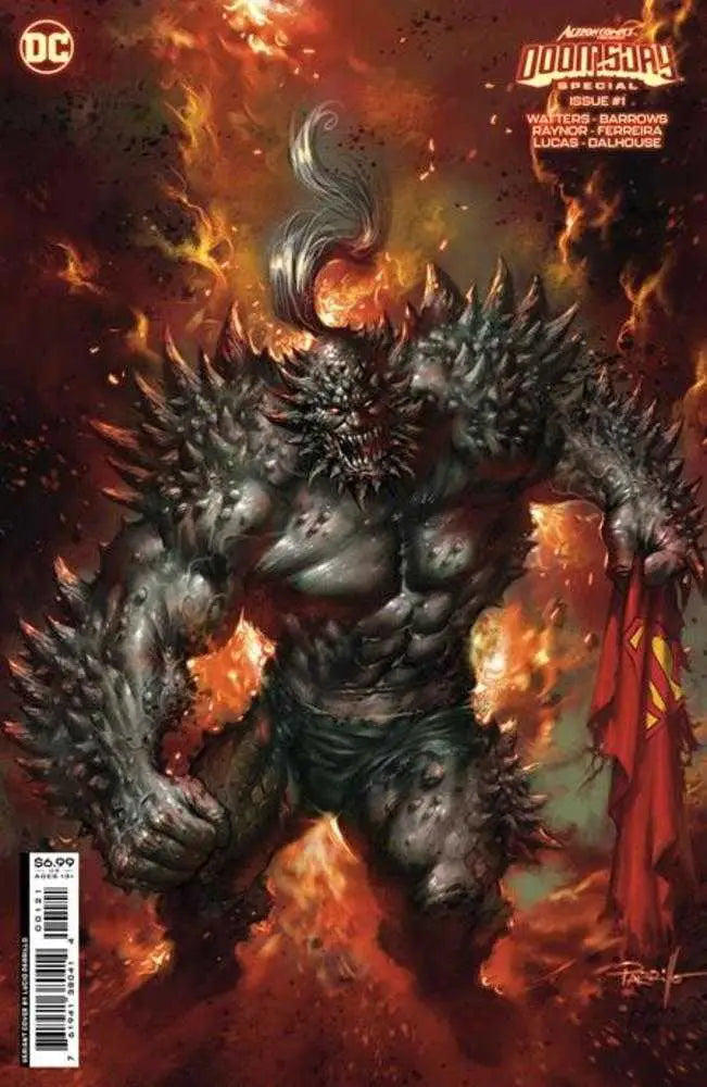 Monstrous spiky creature in flames on Action Comics Presents Doomsday Special trading card