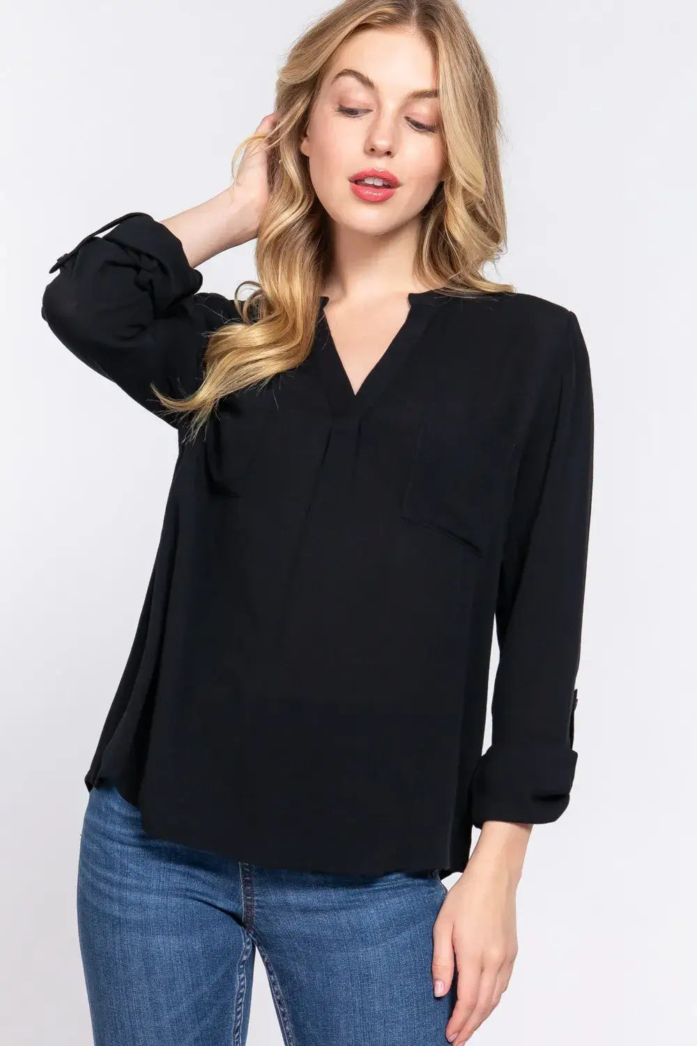 ACTIVE BASIC Full Size Notched Long Sleeve Woven Top - Black / S
