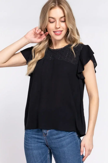 ACTIVE BASIC Ruffle Short Sleeve Crochet Blouse - Black / S